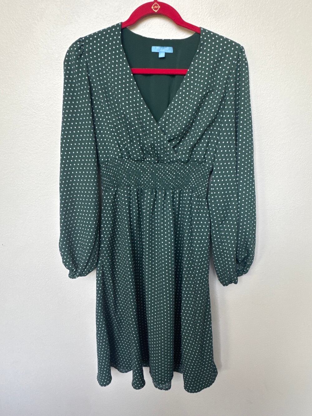 Draper James RSVP Green Polka Dot Smocked Waist Long Sleeve Dress Womens Small